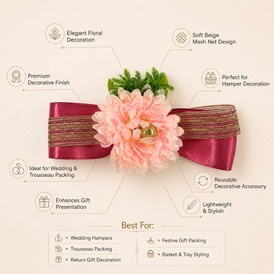 Set of 5 Peach Floral Ribbon Decorative Accessories for Hamper Decoration, Trousseau Packing & Wedding Trays