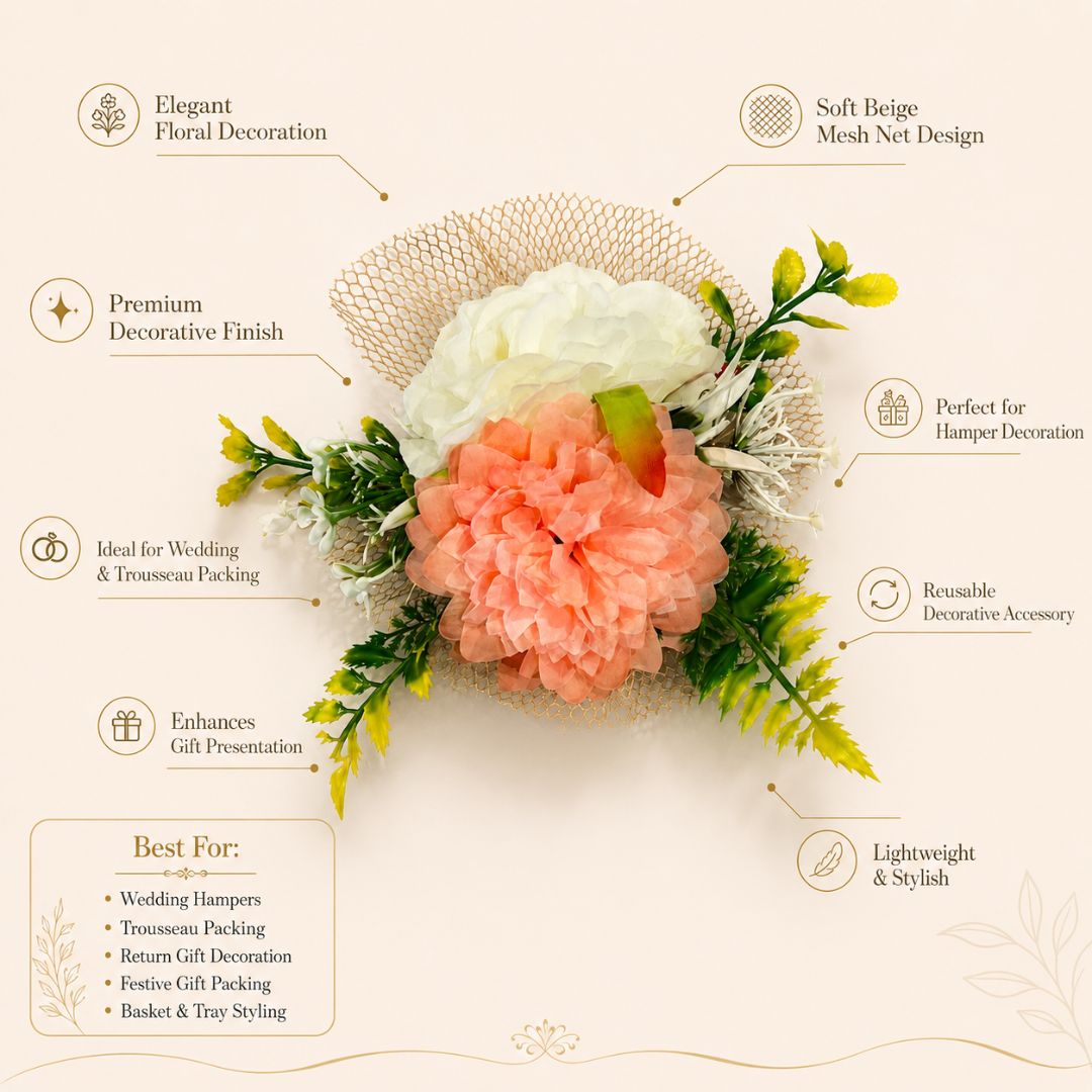 Peach & White Floral Net Decoration Accessory for Hamper Packing