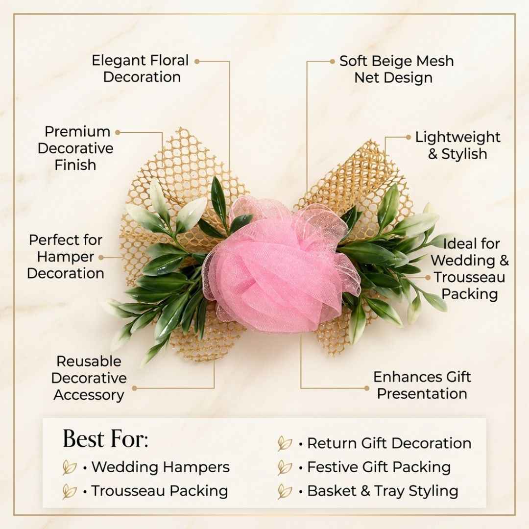 Set of 5 Pink Net Flower Decorative Accessories for Hamper & Trousseau Packing