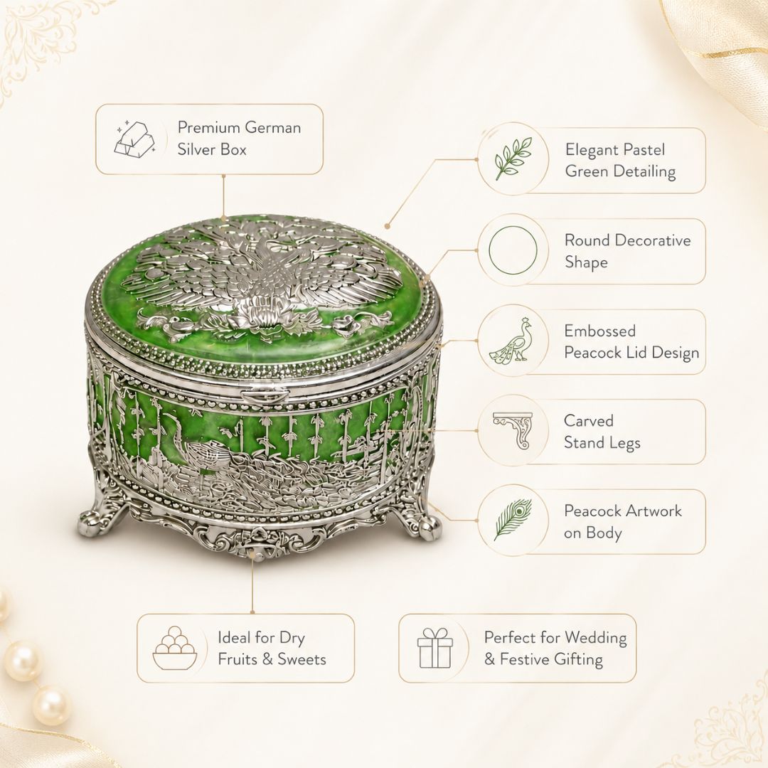 Royal Peacock Enamel Silver Jewellery Box – 3 Inch (Green Finish)
