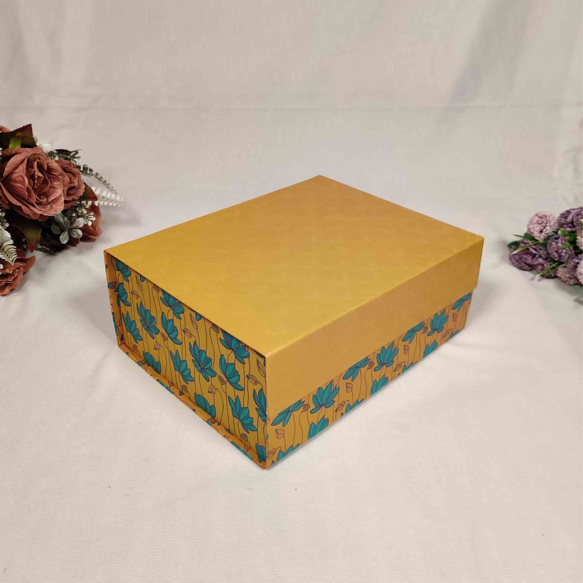 Yellow Floral Flip Box For Gift Hamper (10x8x4 inches)