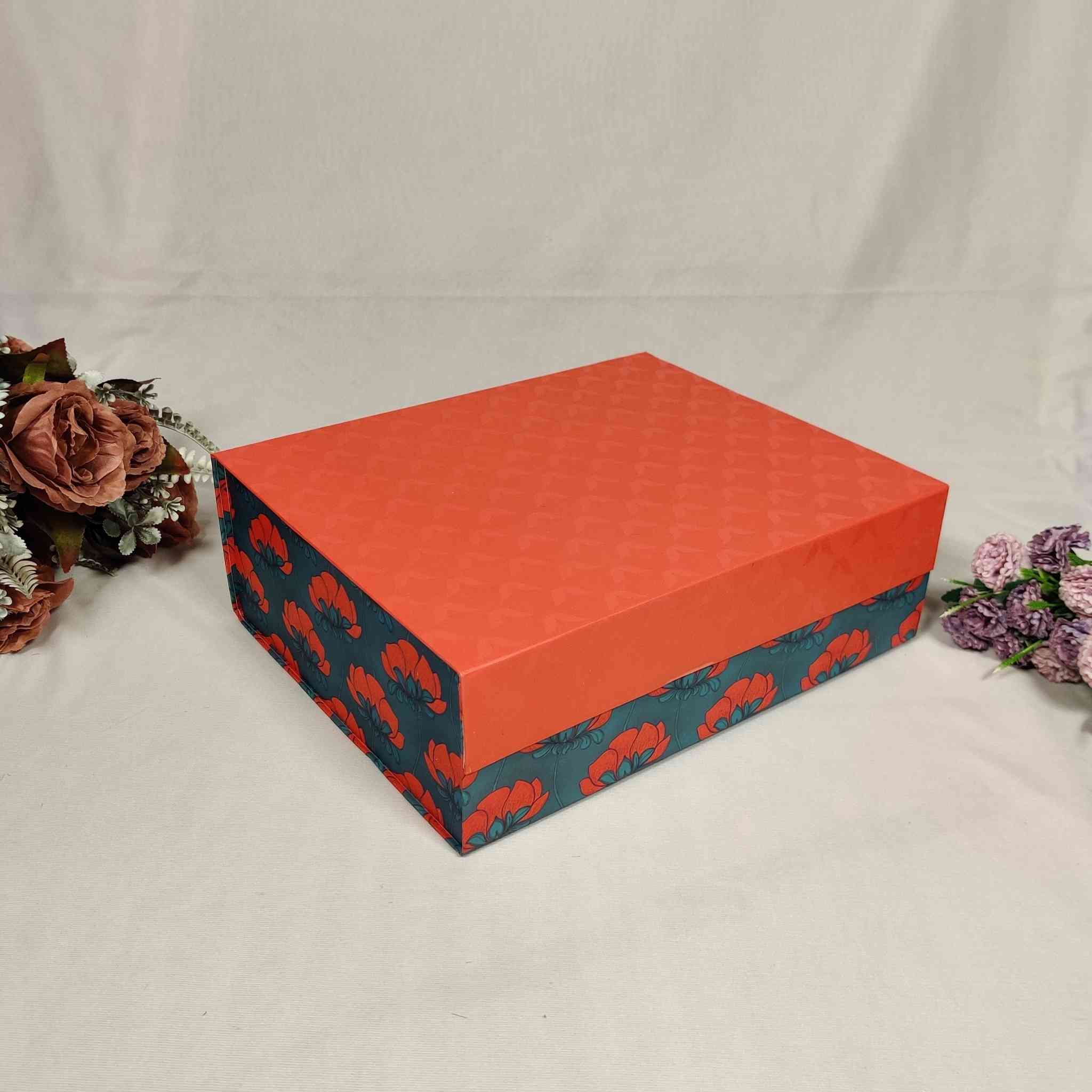 Red & Blue Floral Flip Box For Gift Hamper (12x10x4 inches)