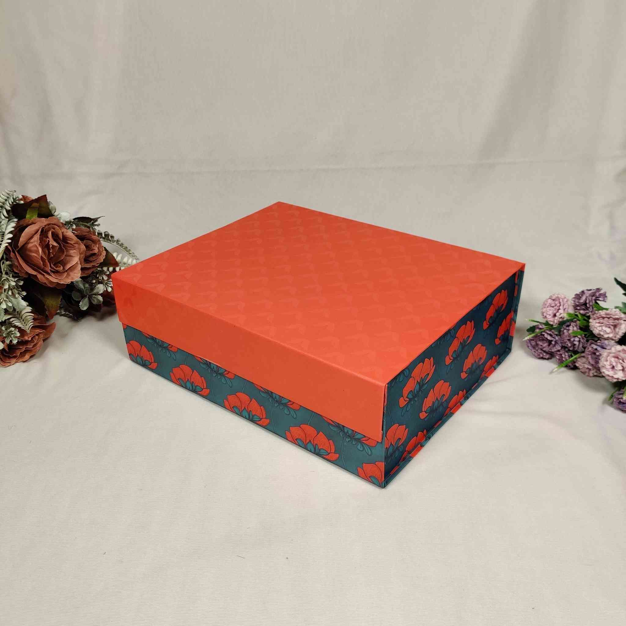 Red & Blue Floral Flip Box For Gift Hamper (12x10x4 inches)