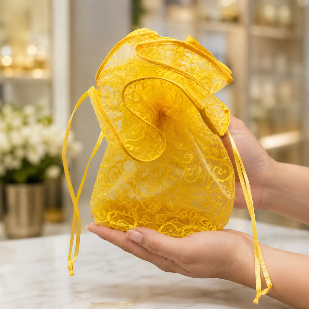 Yellow Organza Potli Gift Bag Pack of 5