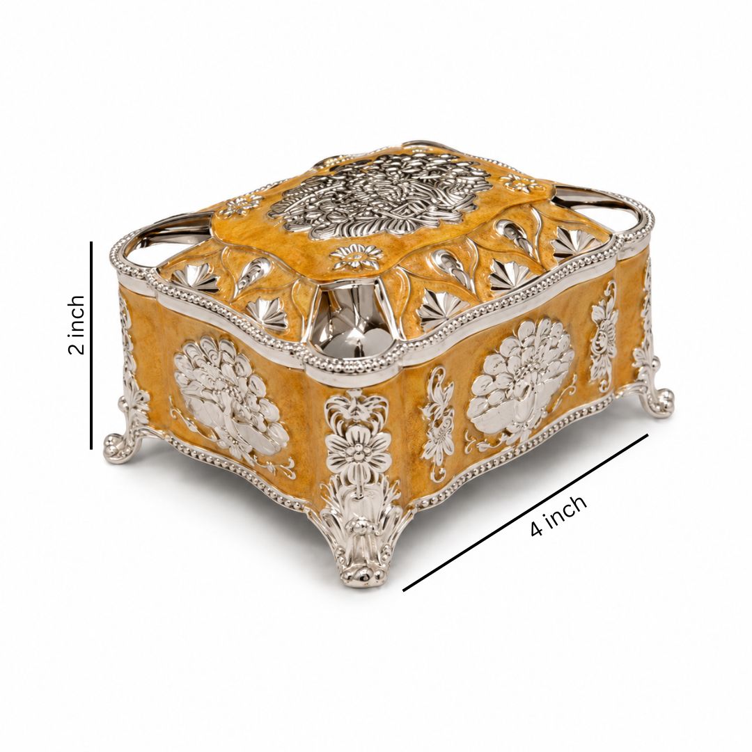 Mustard Enamel German Silver Decorative Jewellery & Keepsake Box (4 x 3 x 3 Inch)