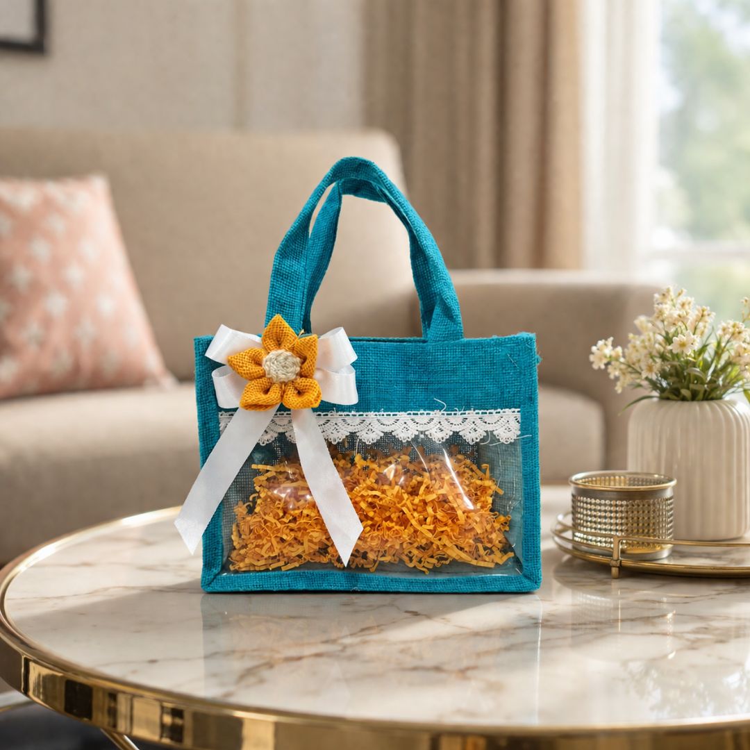 (Set of 5)Premium Teal Jute Gift Basket with Transparent Window & Lace Decor| 8 x 10 Inch Sizes)