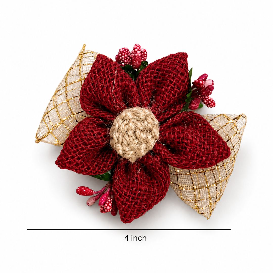 Set of 5 Maroon Jute Floral Golden Bow Decoration Accessories for Hamper Packing