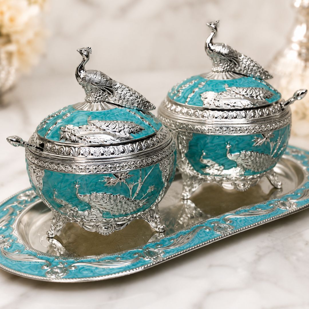 German Silver Aqua Peacock Serving Set with Spoons