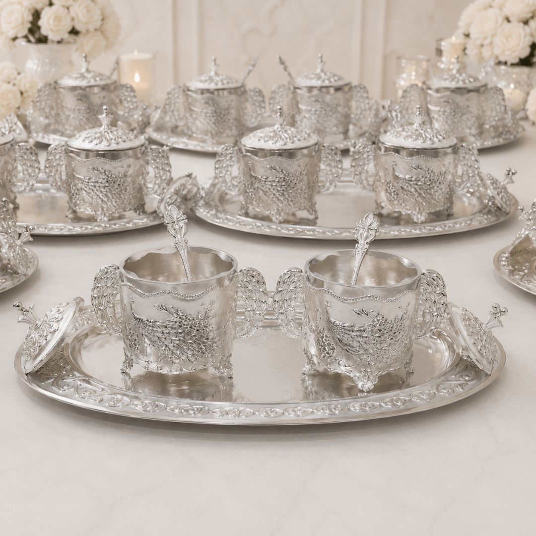 German Silver White Peacock Container Set with Tray