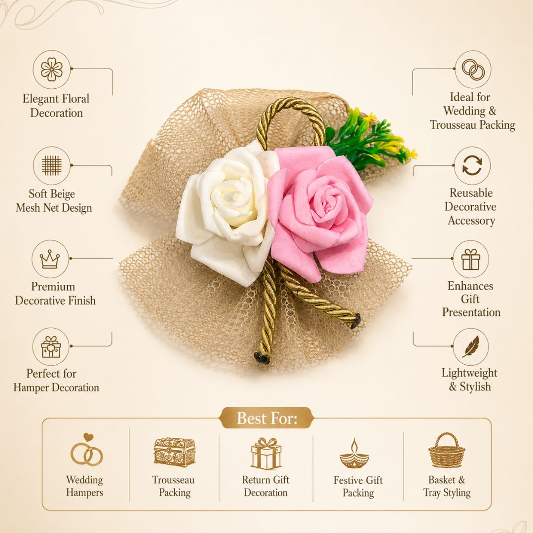 Pack of 5 Pink & White Rose Decorative Net Accessories for Hamper Packing