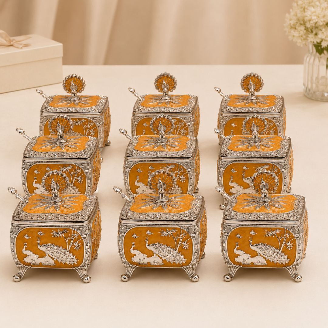 Royal Peacock German Silver Dry Fruit Box – Orange Finish (4 x 4 Inch)