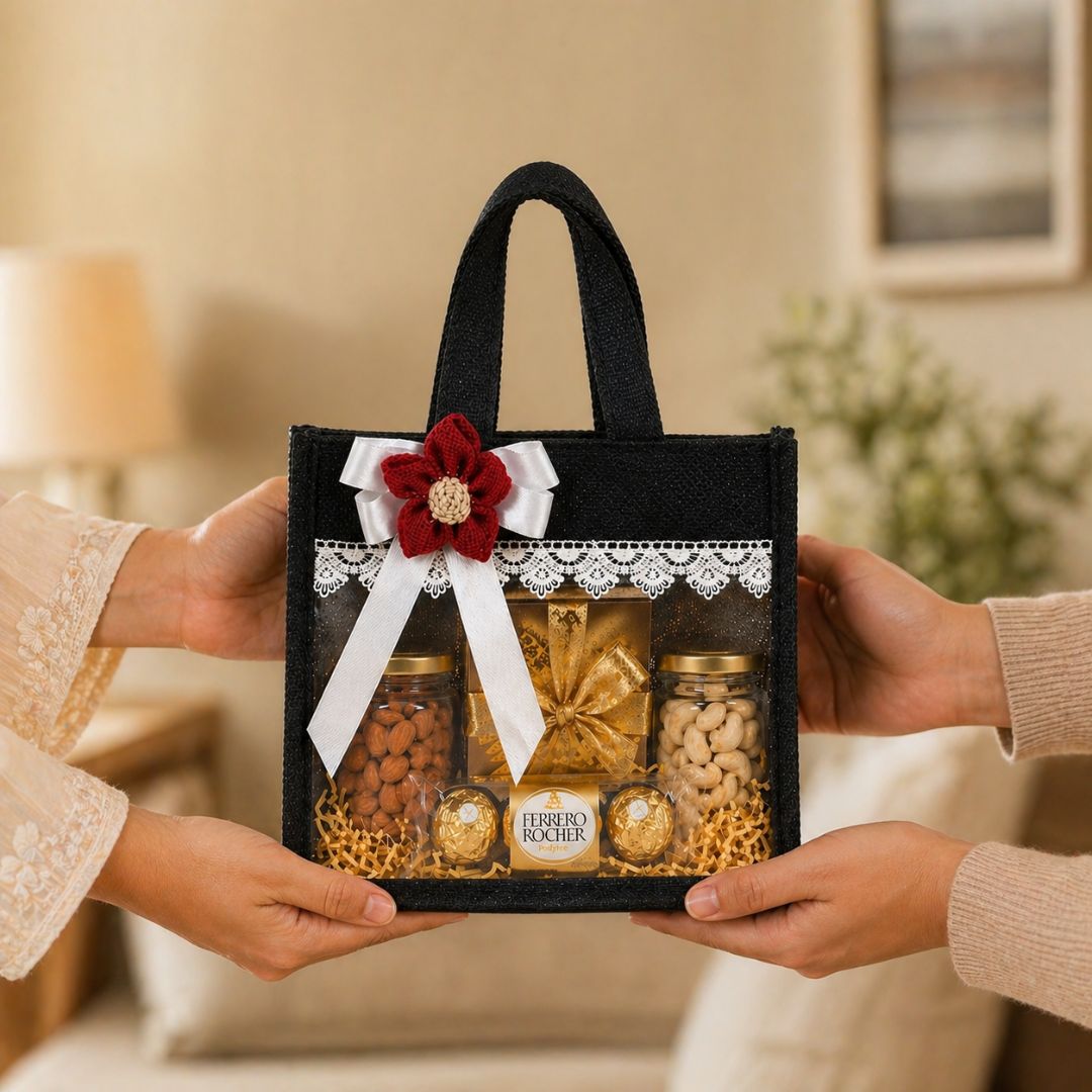 (Set of 5)Premium Black Jute Gift Basket with Transparent Window & Lace Decor | (8 x 10 Inch Sizes)