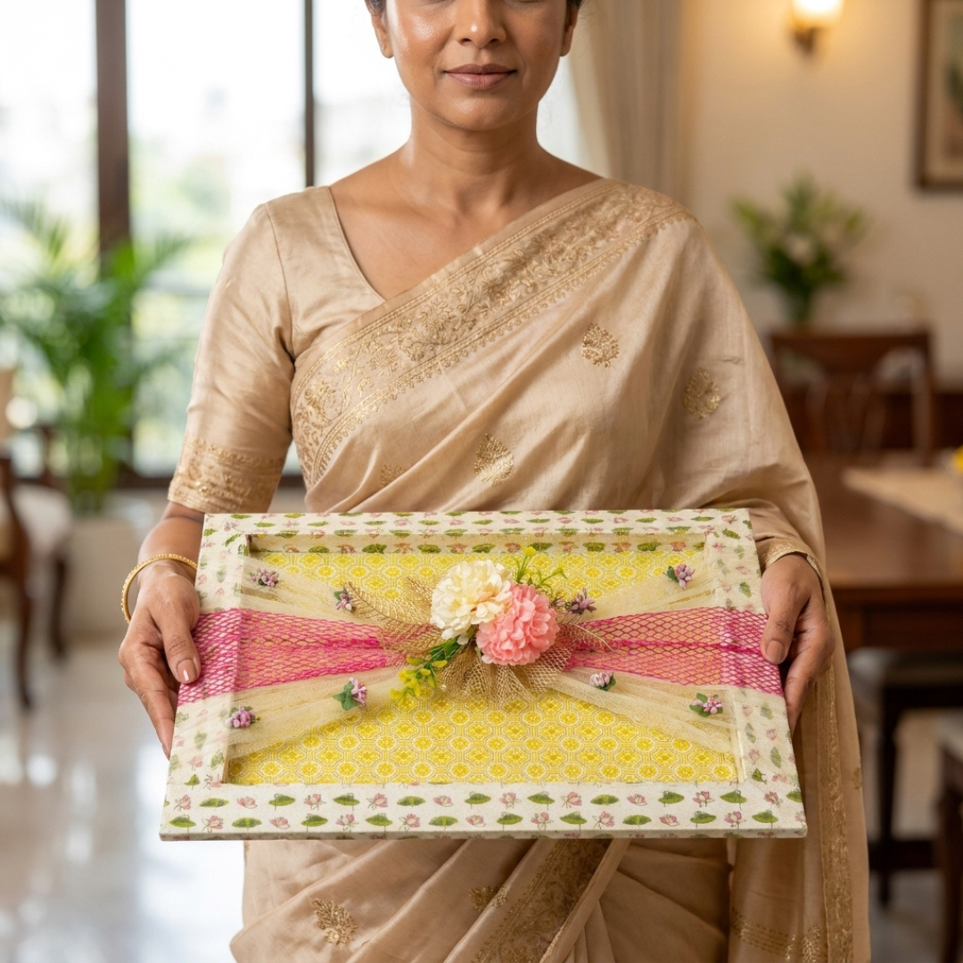 (Set of 3)Premium Floral Net Decorative Tray (18 x 14 Inch) – Yellow & Pink Wedding Hamper Tray