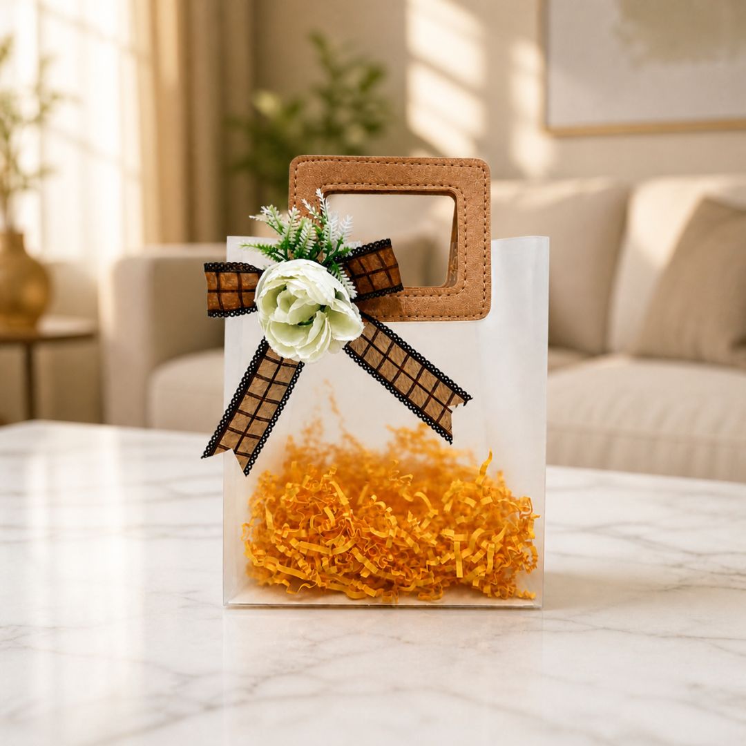 (Set of 5)Premium Frosted Gift Bag with Wooden Handle & Floral Bow – (6.5 x 9 Inches)