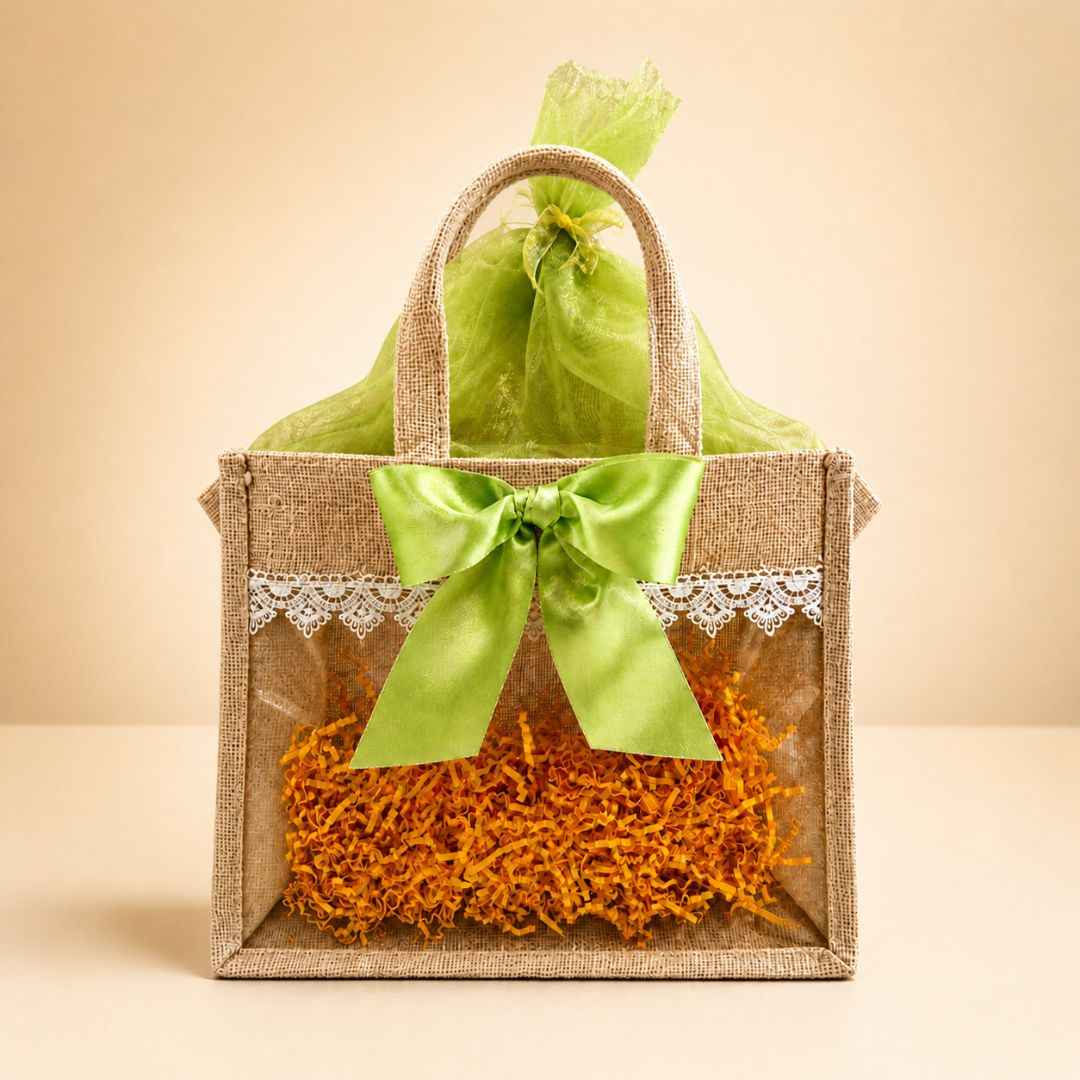 (Set of 5)Premium Jute Gift bags with Transparent Window & Green Bow – 12 x 15 Inches