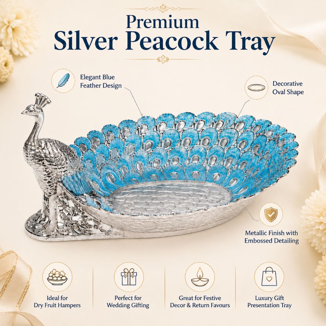 Peacock Design German Silver Dry Fruit Tray – Blue Enamel (8 Inch) - Adscraft.in