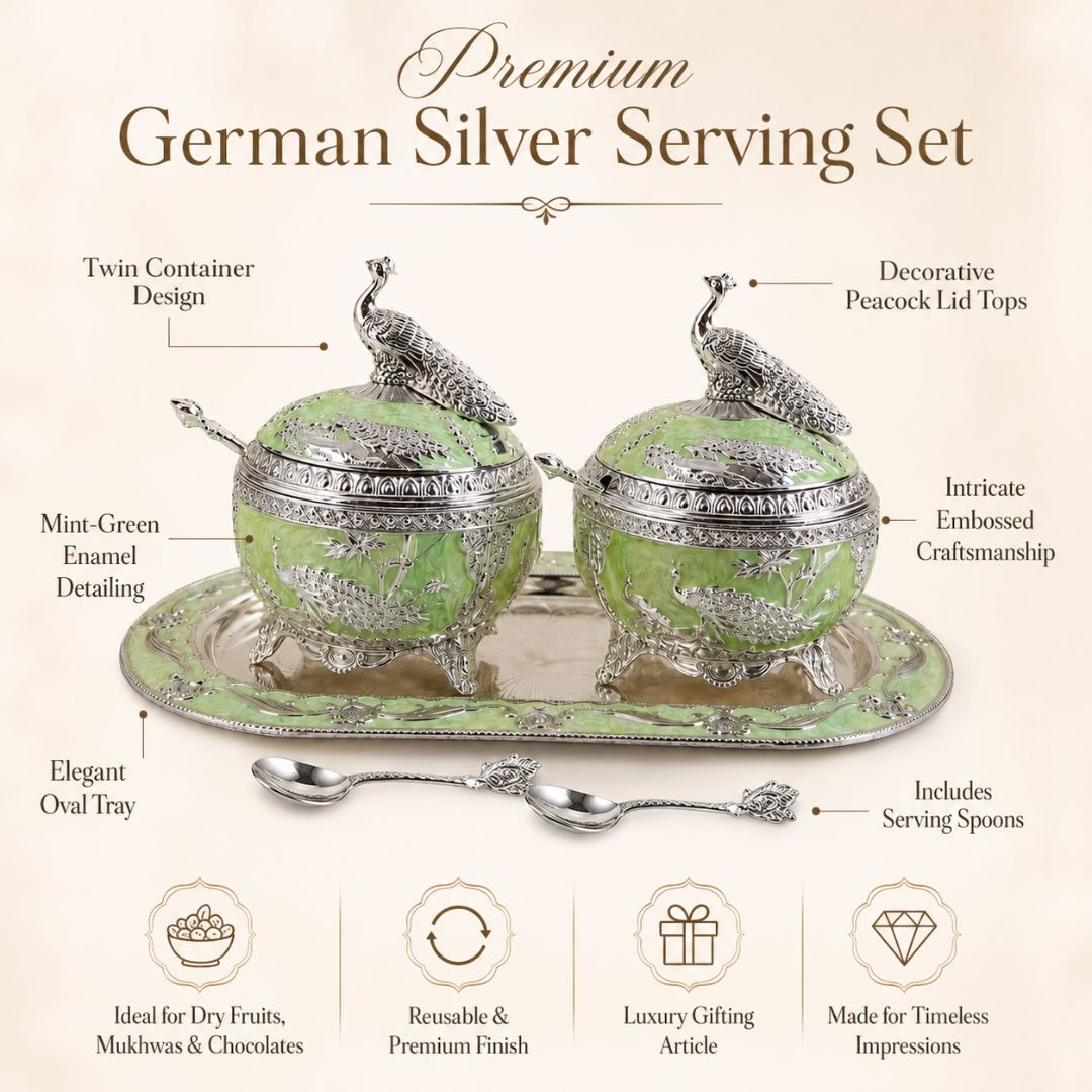 German Silver Green Peacock Serving Set with Spoons