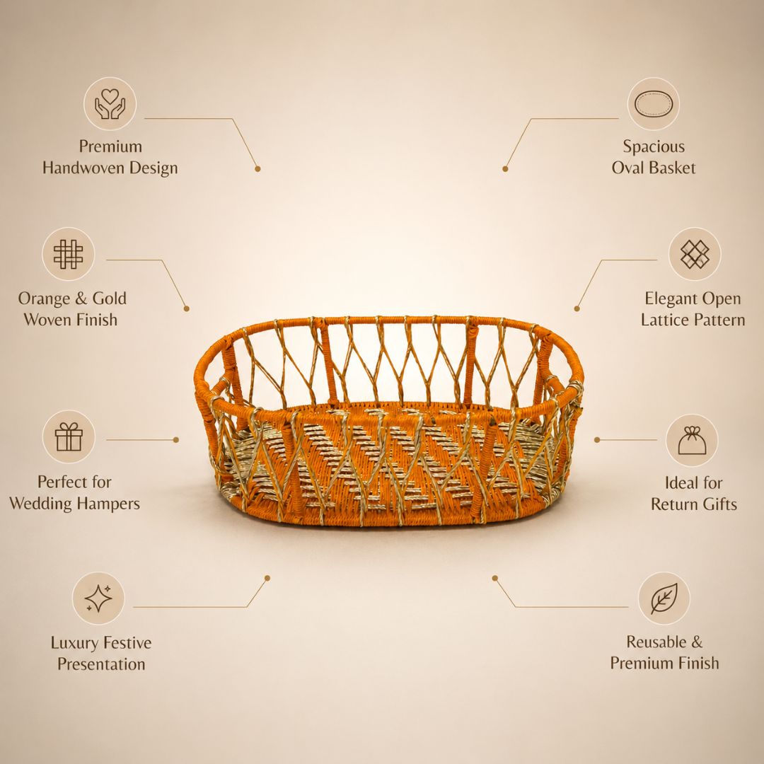 Premium Orange & Gold Oval Hamper Basket Set – Set of 3