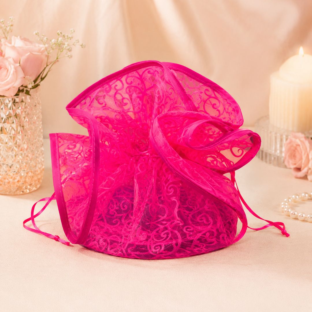 Pink Designer Organza Potli Basket – Set of 5