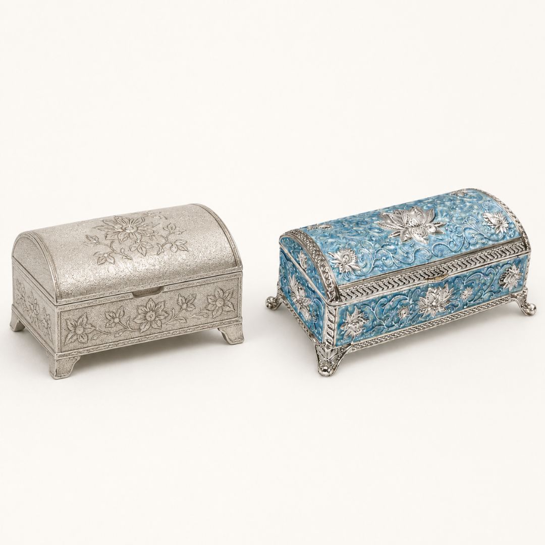 Luxury German Silver Floral Storage Box – Blue Enamel Finish (7.5 x 3.5 Inch)