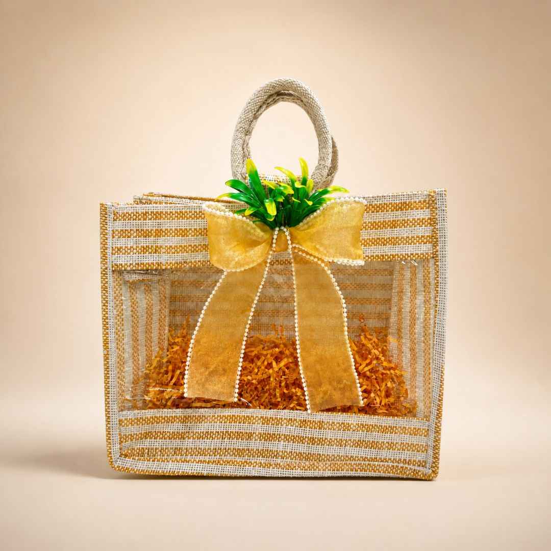(Set of 5)Premium Jute Transparent Gift Bag with Golden Bow & Handle (12 x 14 Inch)
