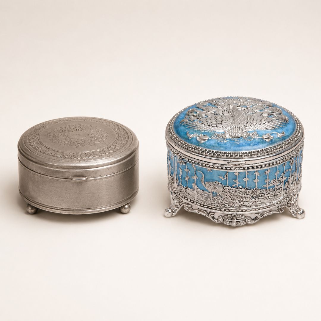 German Silver Peacock Design Round Box (3 Inch) – Luxury Dry Fruit & Return Gift Box