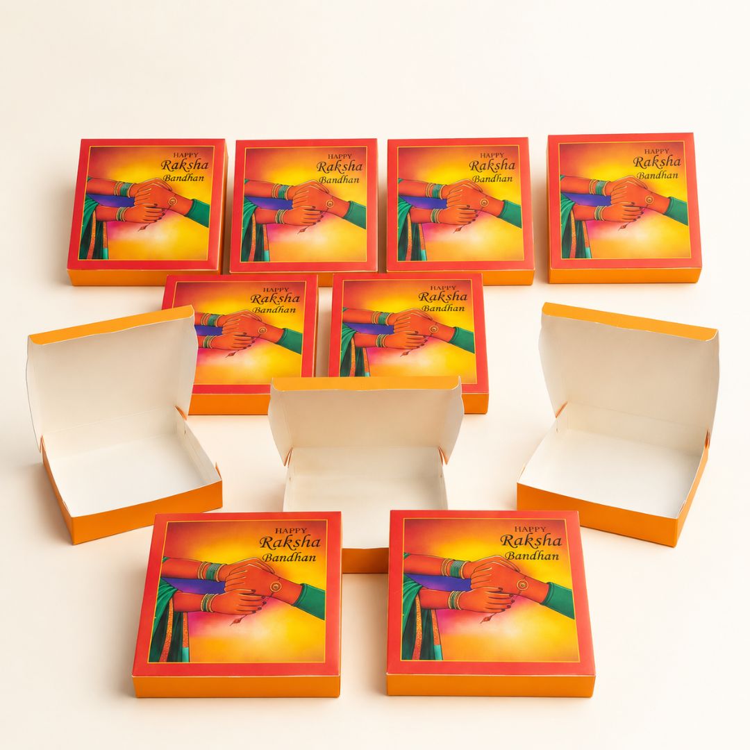 Happy Raksha Bandhan Orange Rakhi Gift Box Pack of 10