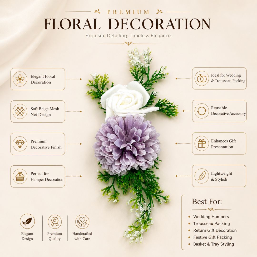 Set of 5 Lavender & White Floral Decorative Accessories for Hamper & Trousseau Packing - Adscraft.in