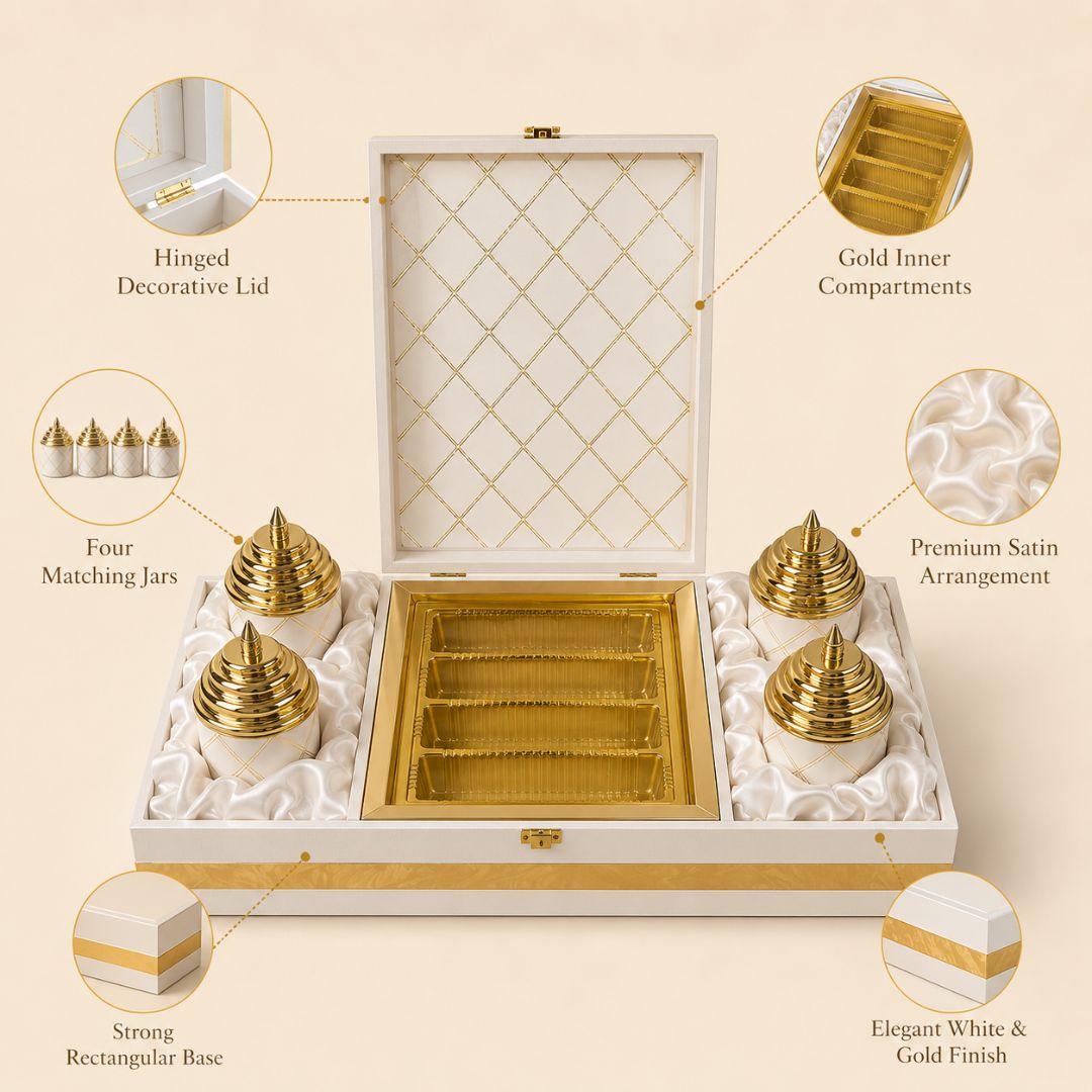 Ivory Gold 4 Jar Dry Fruit Gift Box Set with Decorative Centre Box