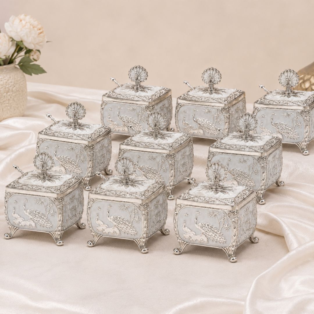Royal White German Silver Peacock Dry Fruit Box (4 x 4 Inch) – Luxury Wedding & Festive Gift