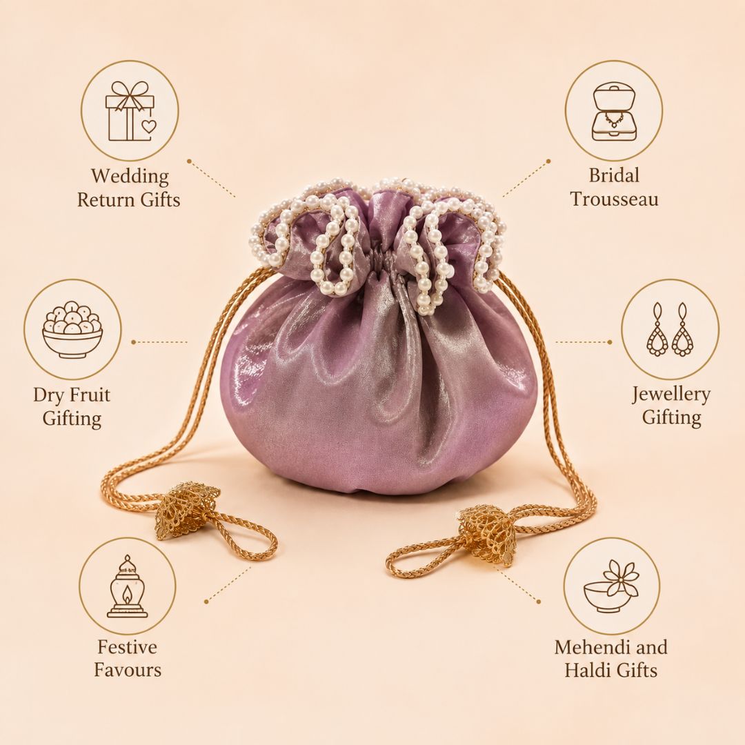 Pack of 5 -Purple Pearl Loop Drawstring Potli Bag