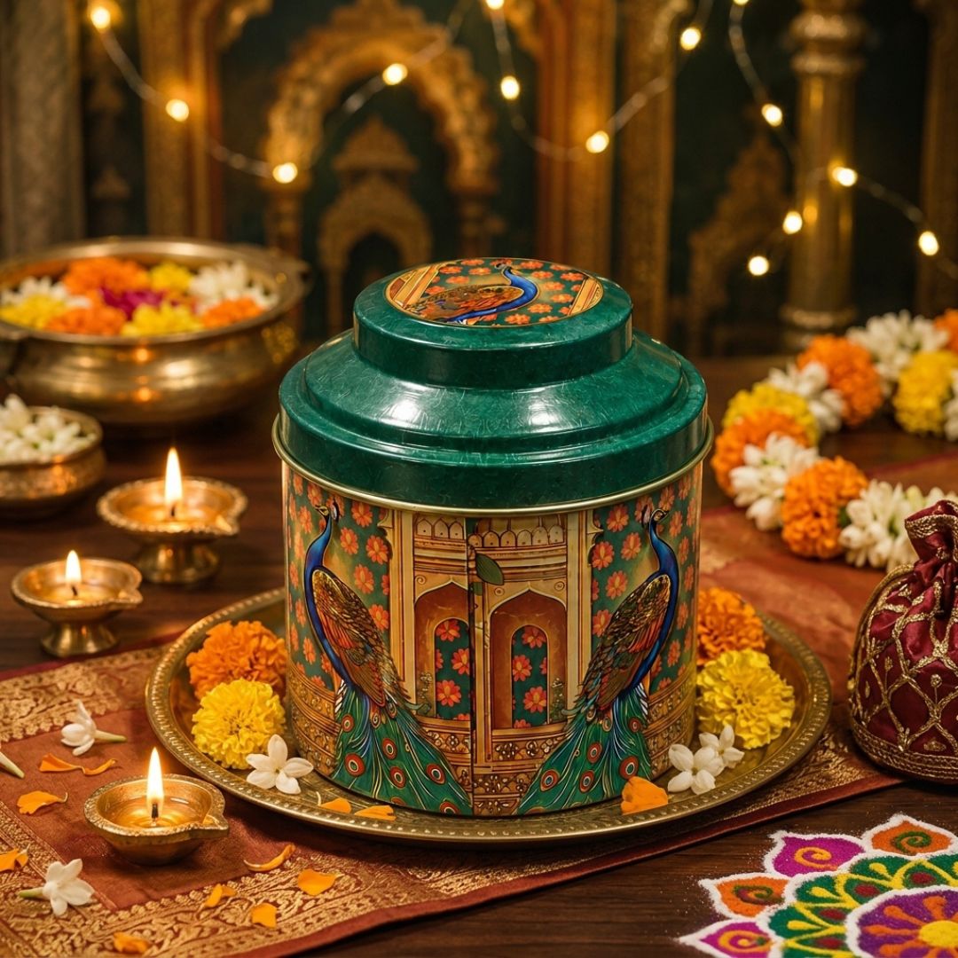 Pack of 6 Peacock Printed Metal Tin Box with Lid – Premium Gift & Dry Fruit Packaging Box