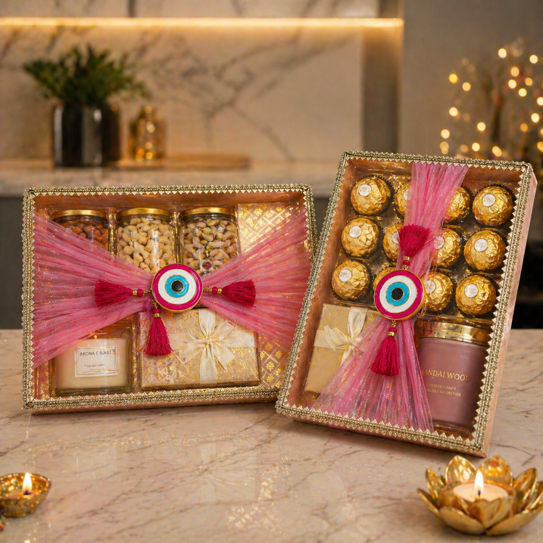 (Set of 2)Premium Evil Eye Net Gift Tray (16x12 & 14x10 Inch) – Pink Fabric Finish with Tassel Decor - Adscraft.in