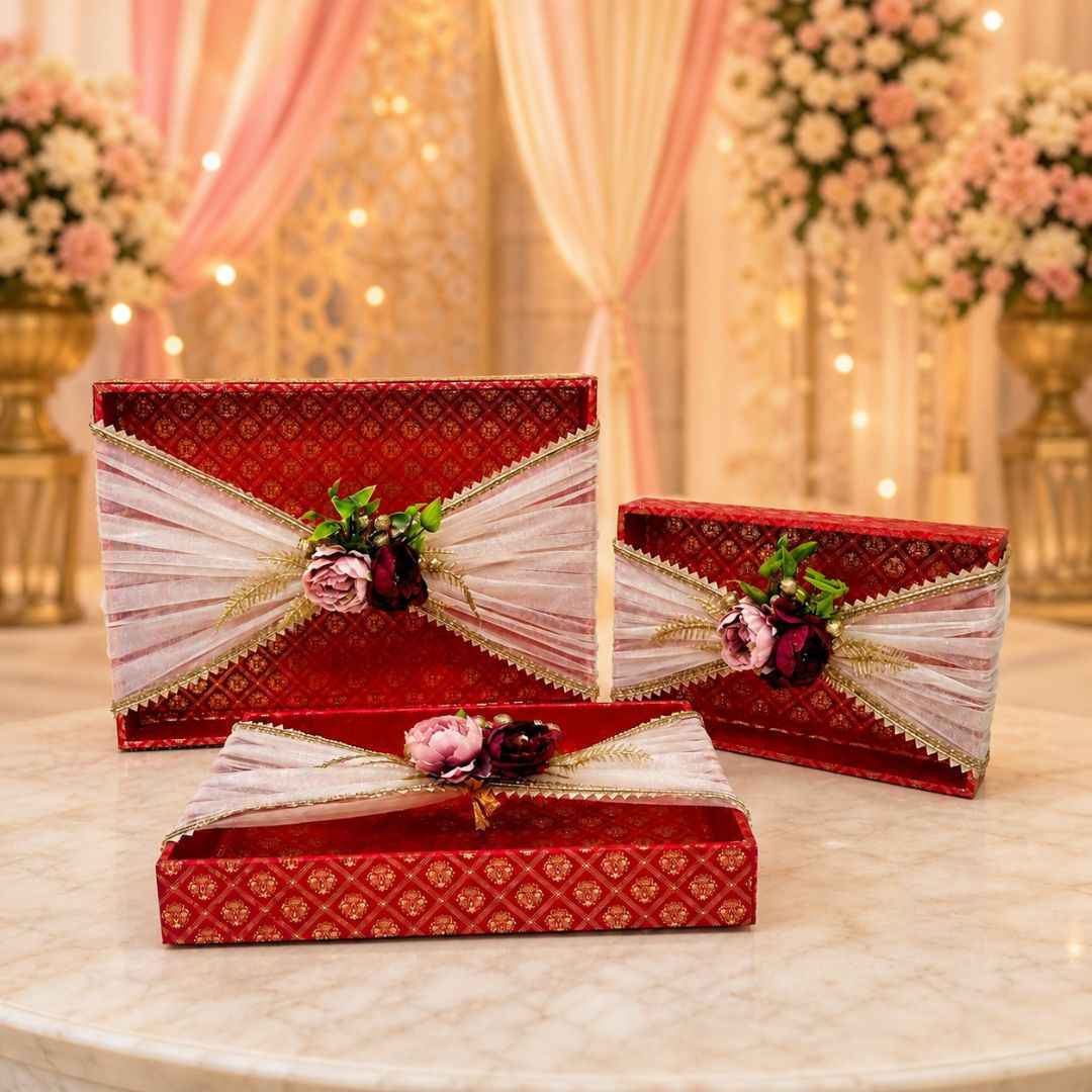 (Set of 3)Premium Red Floral Net Decorative Tray – Wedding Trousseau & Gift Packing Trays