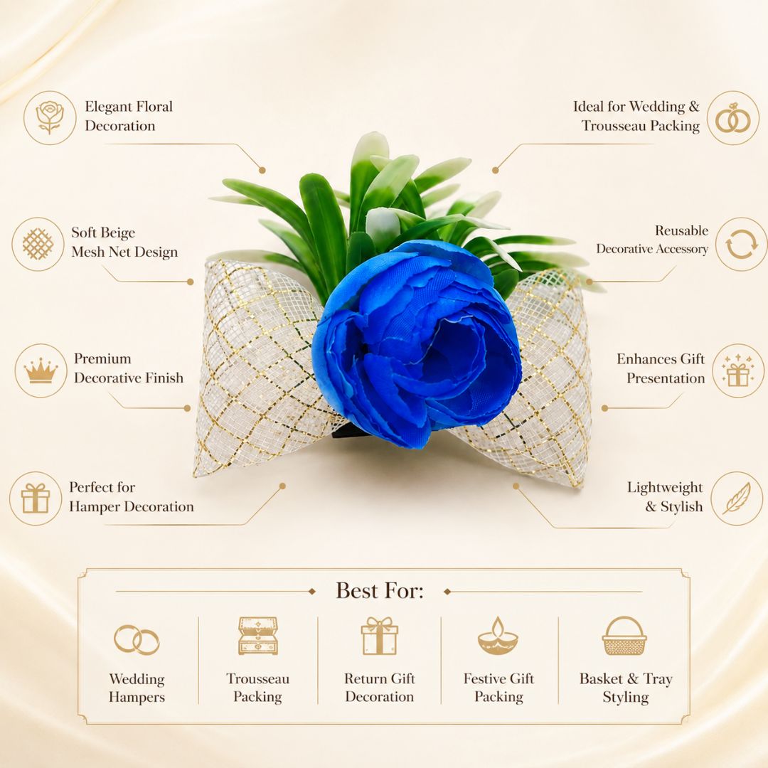 Set of 5 Blue Floral Golden Bow Decoration Accessories for Hamper Packing