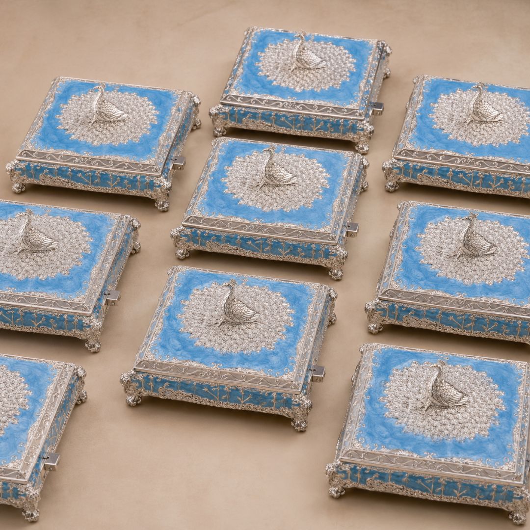 Premium German Silver Peacock Sweet & Dry Fruit Box with Blue Enamel Finish (5 x 5 x 2 Inch)