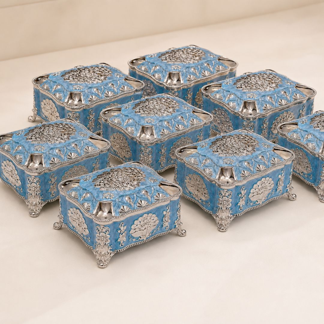 Royal Blue Enamel German Silver Storage Box with Velvet Lining (4 x 3 x 3 Inch)