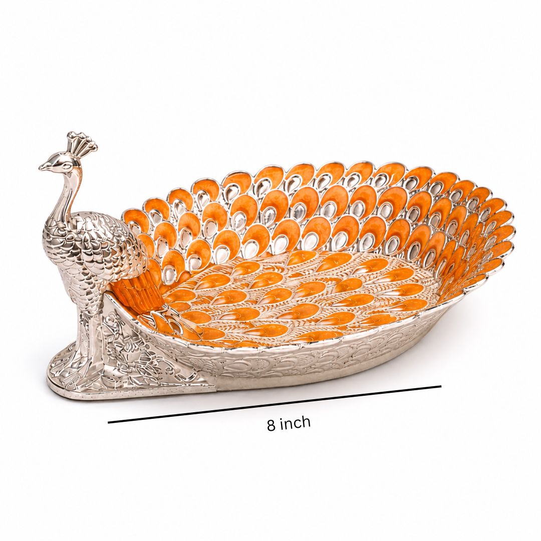 Peacock-Shaped German Silver Tray with Orange Enamel (8 Inch) – Luxury Dry Fruit & Gifting Tray - Adscraft.in