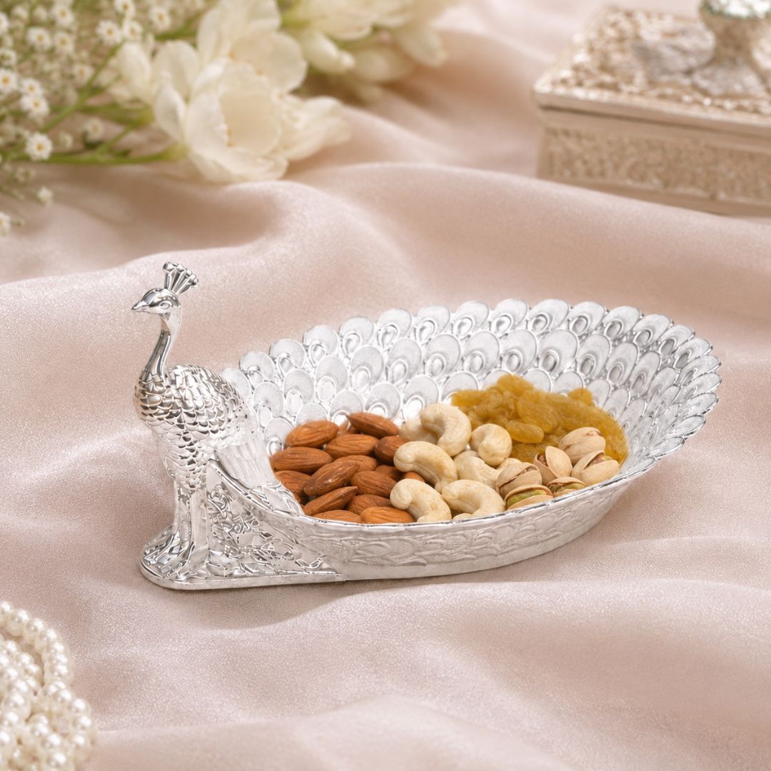 Peacock-Shaped German Silver Dry Fruit Tray (8 Inch) – Elegant Wedding & Festive Serving Platter - Adscraft.in