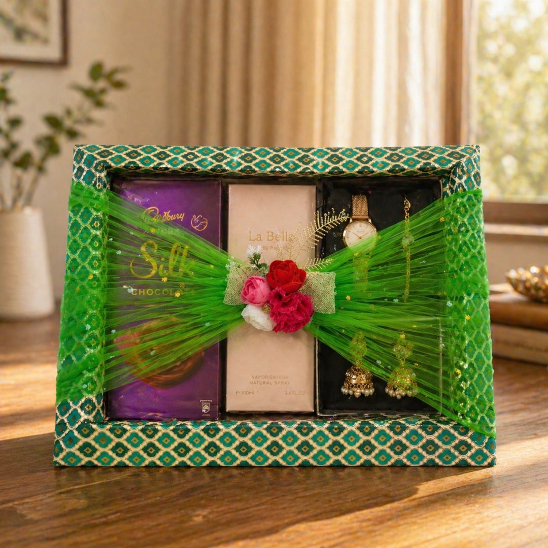 (Set of 3)Premium Green Net Decorative Gift Tray – Floral Center Design | 21 x 16 Inches