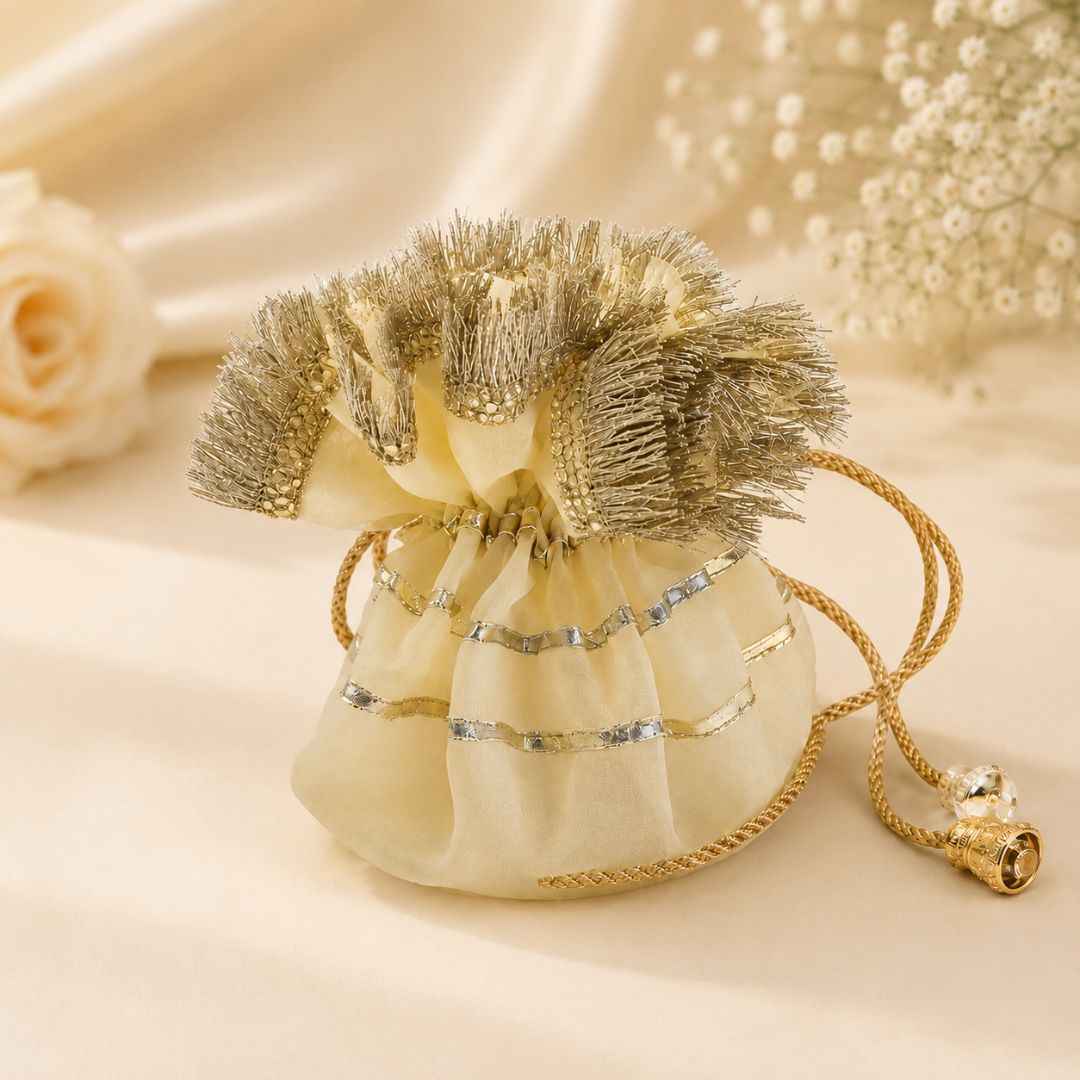 Pack of 5 -Cream Gold Lace Drawstring Potli Bag