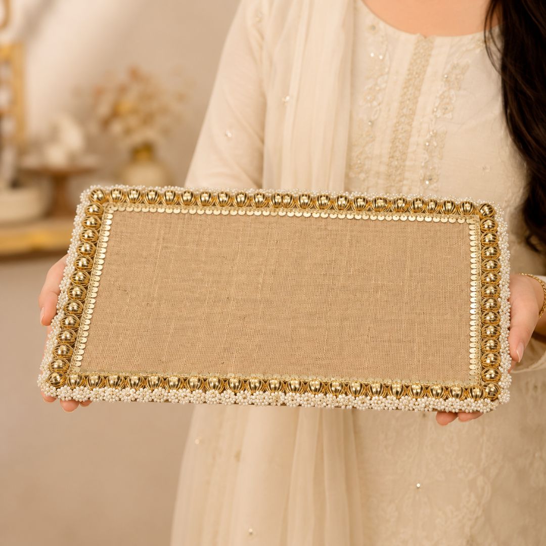 Natural Jute Gold Pearl Border Wedding Trousseau Tray