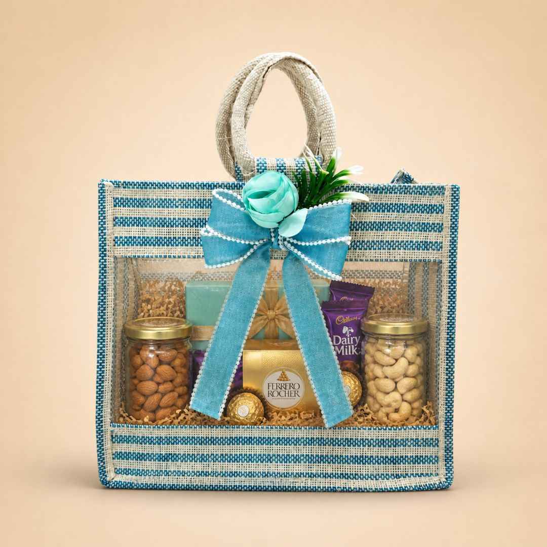 (Set of 5)Premium Blue Striped Jute Gift Bag with Transparent Window & Floral Bow –  (12 x 14 Inches)