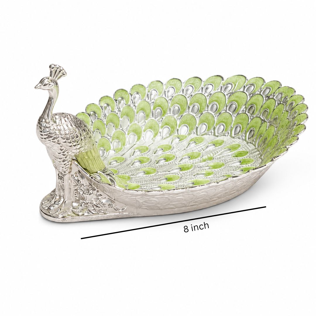 Peacock-Shaped German Silver Dry Fruit Tray – Green Enamel Finish (8 Inch) - Adscraft.in