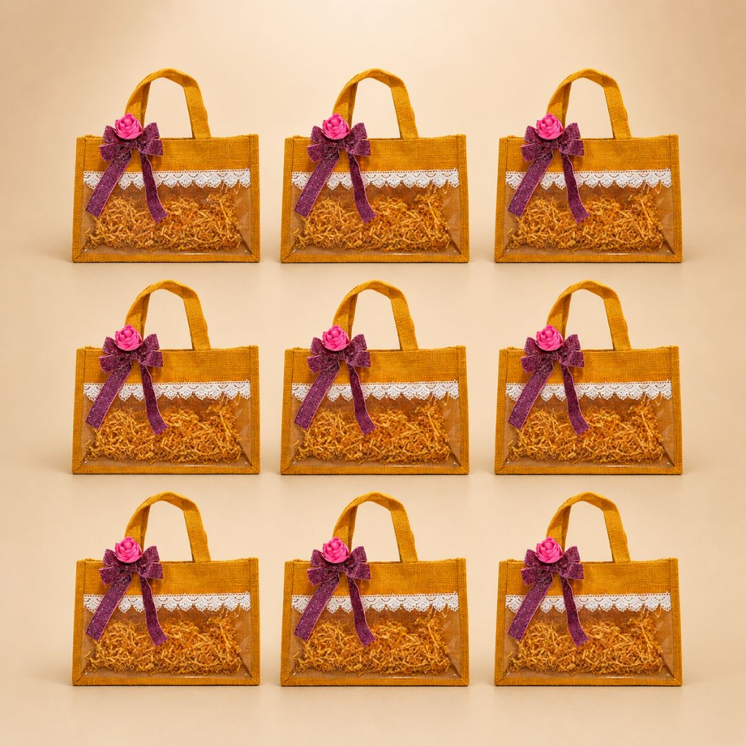 (Set of 5)Premium Jute Transparent Gift Bags with Lace & Floral Bow – 10 x 14 Inch Sizes