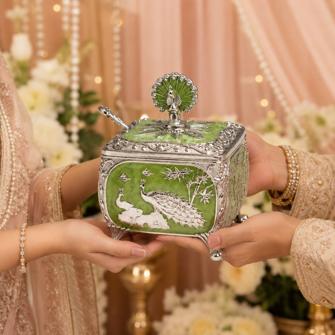 Royal Peacock German Silver Dry Fruit Box (Green) – 4 x 4 Inch with Spoon