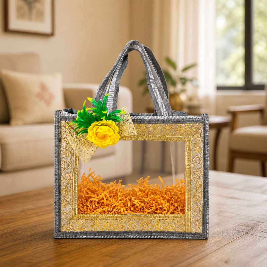(Set of 5)Premium Grey Transparent Jute Gift Bag with Golden Lace Frame & Floral Decoration (10 x 14 Inches)