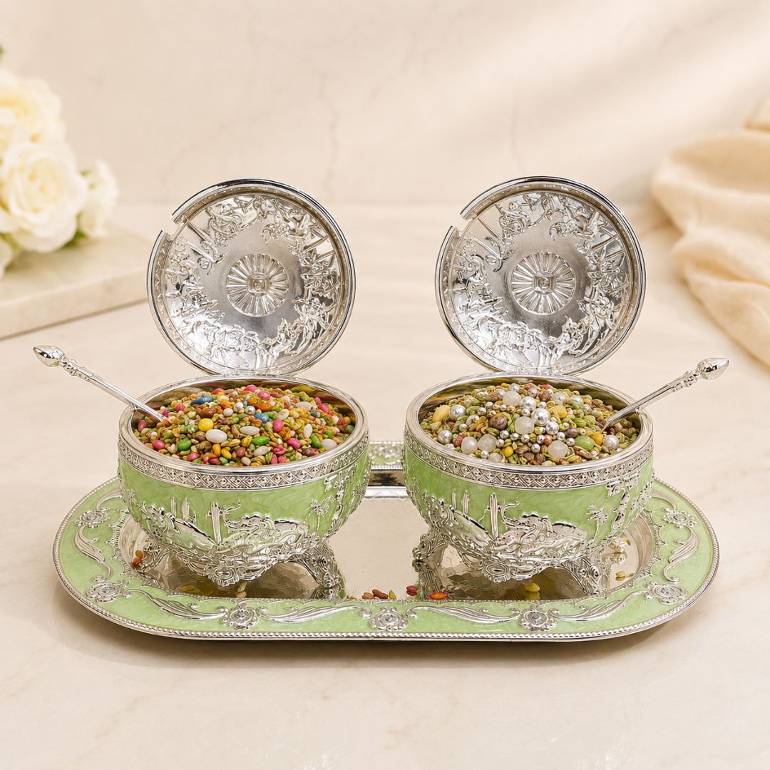 German Silver Green Elephant Serving Set with Spoon