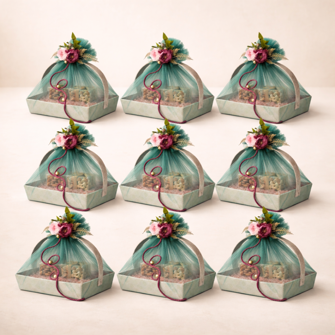 (Set of 3)Premium Mint Green Net Gift Basket with Floral Decor & Handle – 11 x 15 Inches