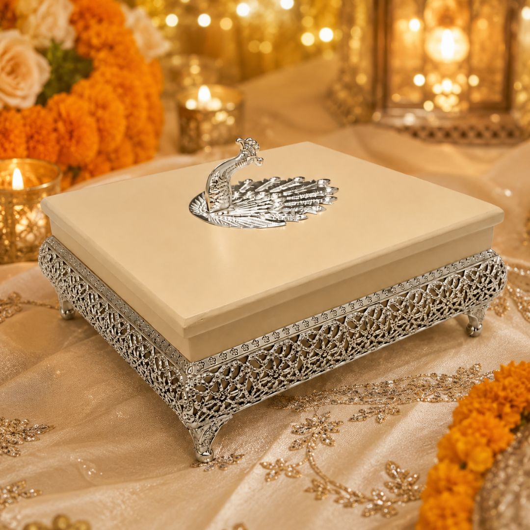 Premium German Silver Peacock Design Gift Box for Festive & Wedding Gifting - Adscraft.in